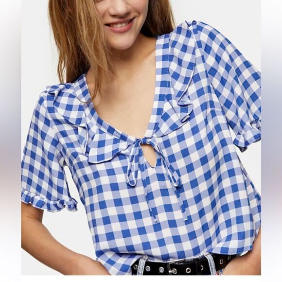 Topshop Tops - Topshop Blue Checkered Ruffle Blouse size 4